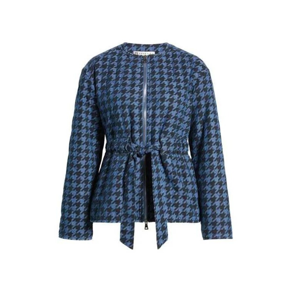 Anne Klein Houndstooth Check Quilted Denim Jacket Belted Zip Transitional